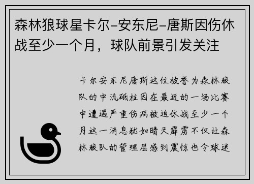 森林狼球星卡尔-安东尼-唐斯因伤休战至少一个月，球队前景引发关注