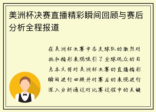 美洲杯决赛直播精彩瞬间回顾与赛后分析全程报道
