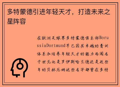多特蒙德引进年轻天才，打造未来之星阵容