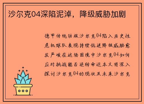 沙尔克04深陷泥淖，降级威胁加剧